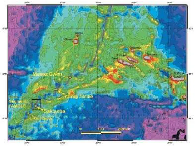 FIGURA B-12 - Localização dos campos hidrotermais submarinos a nível nacional, o Menez Gwen, o Lucky Strike, o  Rainbow, e o Saldanha (Barriga, 1999: 46)