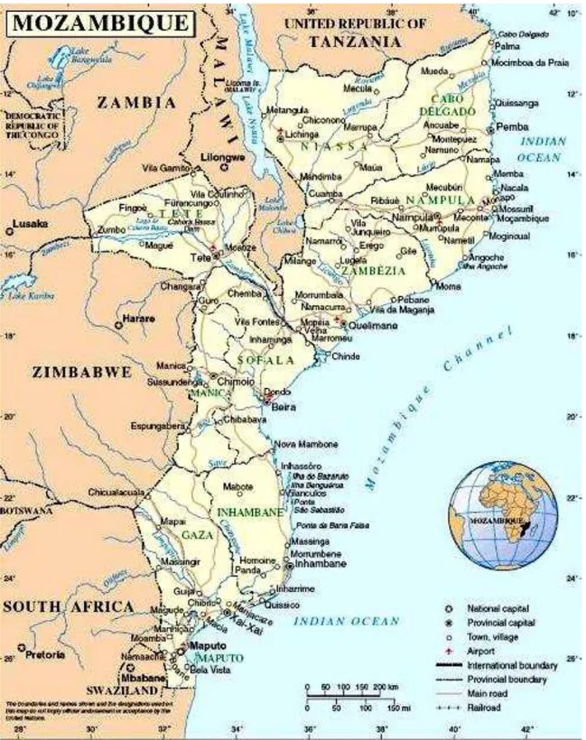 Figura nº 5 – Mapa de Moçambique e dos países vizinhos. 