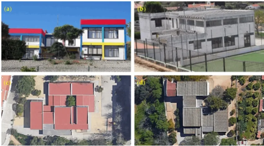 Figure 3. Example of different module combinations presented in some “P3” schools that are still  functioning as primary schools in the Algarve region in: (a) Silves; (b) Marmelete, Monchique; (c)  Faro; and (d) Portimão