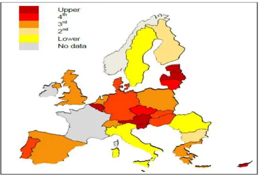 Figura 4 - Sinistros rodoviários potenciados pelo efeito do álcool por 100000 habitantes dos países da  EU