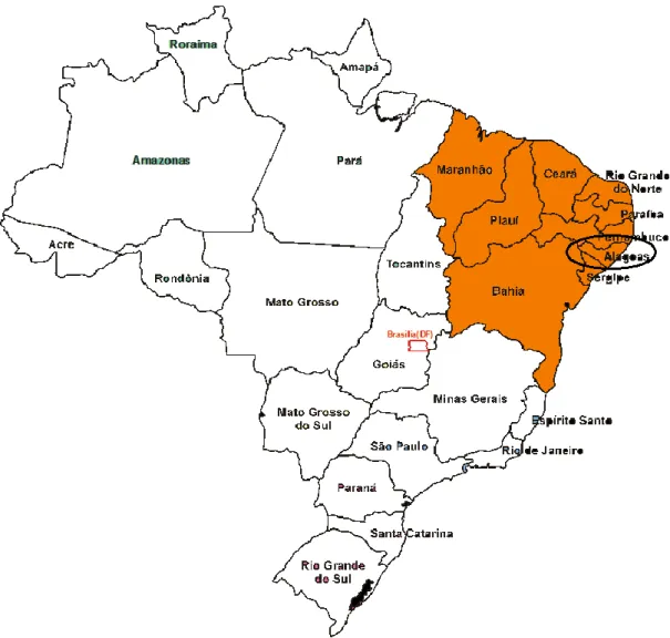 Figura 1: Mapa do Brasil, com destaque para a Região Nordeste assinalada com a cor laranja
