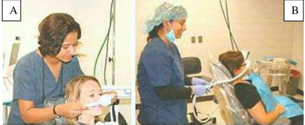 Figura 4  –  Adaptação da máscara nasal: máscara nasal adaptada à paciente (A); fixação da máscara nasal  nas costas da cadeira (B) (in: Malamed, 2012) 