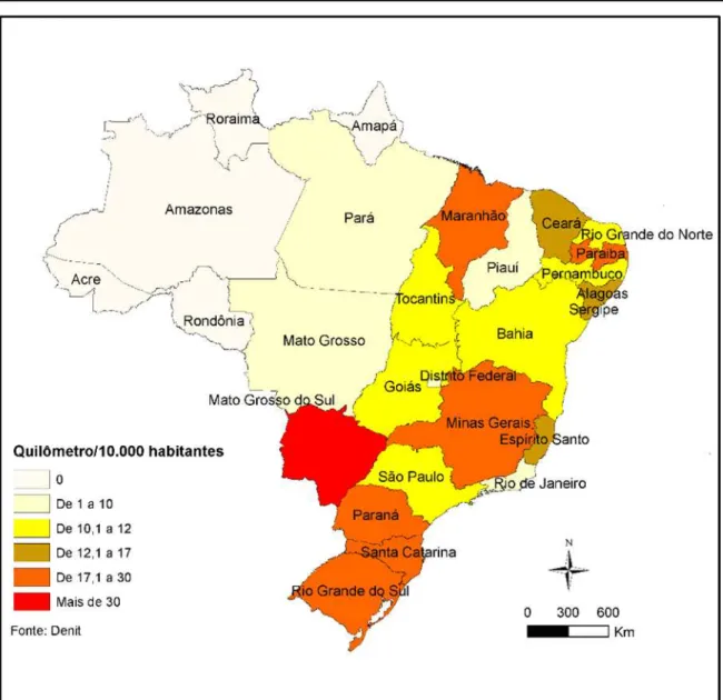 Figura n.º 9 - Densidade de ferrovias (quilómetro/10000 habitantes)  Fonte: http://www.dnit.gov.br, 2015 