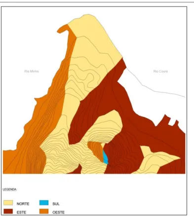 Figura 32  –  Mapa de exposição solar. Pode-se analisar as áreas de exposição da Vila, concretamente a  Oeste e Norte, 2010