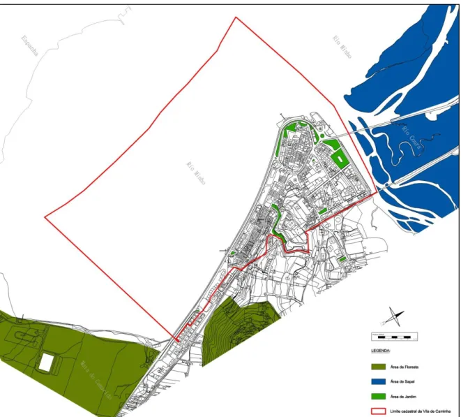 Figura 39 – Planta cartográfica da Vila de Caminha, 2010. Identificadas as áreas de vegetação e de sapal