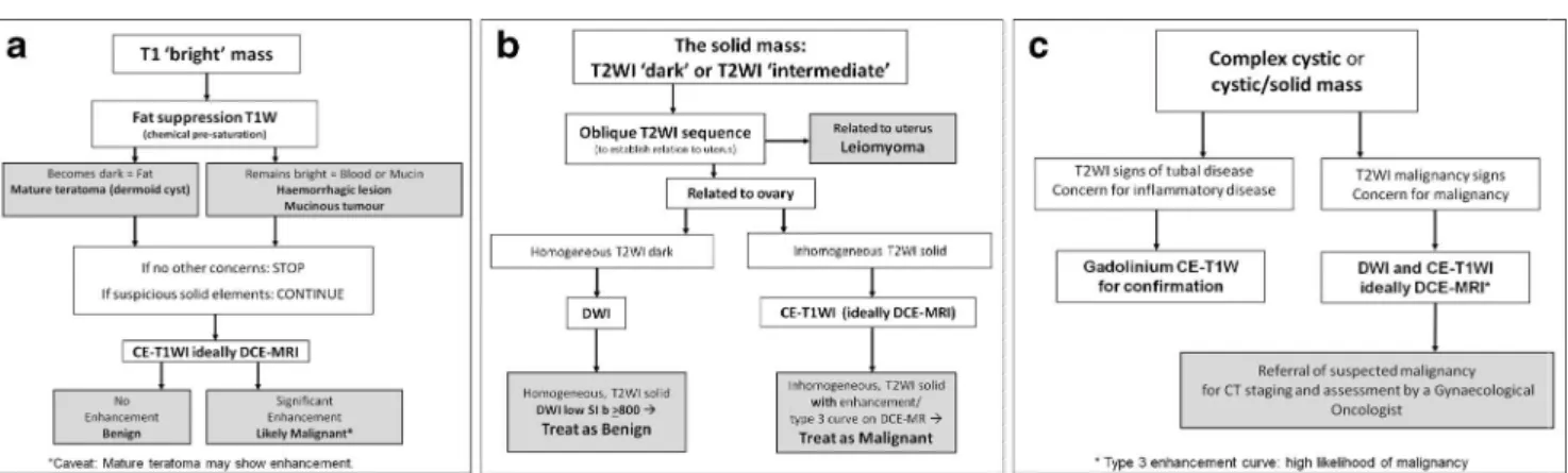 Fig. 4 Flow charts with revised algorithm for T1 ‘bright’ masses (a), T2 solid masses (b), and complex cystic or cystic-solid masses (c)