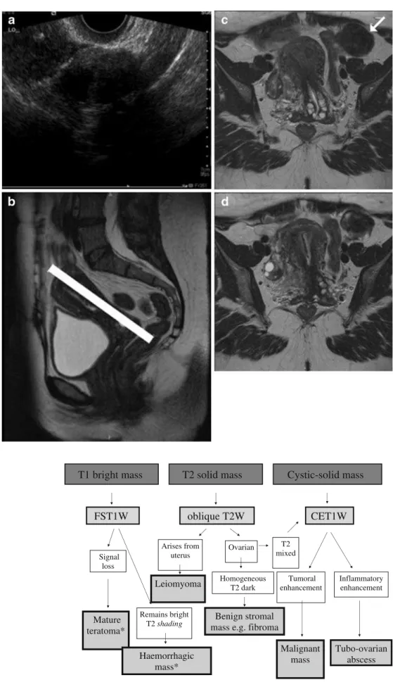 Fig. 1 Use of the ‘ ovarian axis ’ : a Transvaginal  ultraso-nography (TVUS) image  show-ing an indeterminate solid left adnexal mass adjacent to the uterus; b initial sagittal  T2-weighted image of the pelvis indicating the plane for the