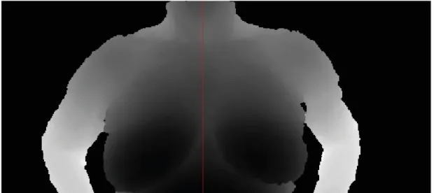 Figure 4.18: Depth map of the torso segment with a red line representing the calculated coordinate x of the centroid.