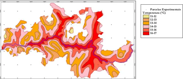 Fig. 2.5 - Temperaturas médias anuais na Região Demarcada do Douro; escala: 1:130000 (Projecto Agro 170)