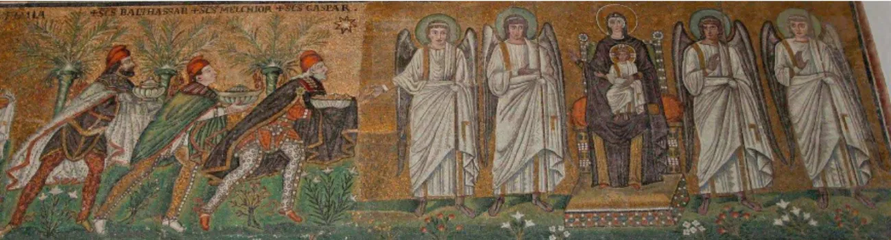 Fig.  24  – “Adoração  dos  Reis  Magos”,  Mosaico  do  séc.  VI,  Igreja  de  S.  Apolinário,  Ravena