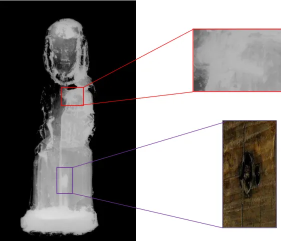 Fig. 40- Radiografia da escultura nº 1429. Autoria de Luís Piorro (DFR do DCR-DGPC). Esquema  exemplificando alguns dos dados observáveis