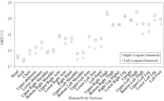 Figure  8.  Numerical  mean  radiant  temperature  (MRT)  values  around  the  occupants  seated  on  the  right and left side are subjected.  Table 4. Predicted mean vote (PMV) and percentage of dissatisfied people (PPD) indexes  numerically calculated.  