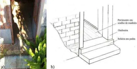 Figura 35- a) Soleira executada com bloco de pedra calcária, b)Pormenor da soleira de uma porta de habitação  em adobe (Fonte: autor) 