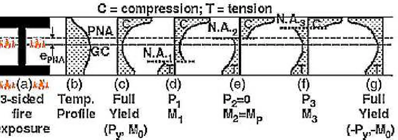 Figura 2.5 - Perfis de temperatura e tensões de cedência com a posição do eixo neutro em  diferentes locais, (Garlock et al., 2008) 