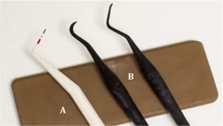 Figura 13 – Manutenção de implantes (A) Sonda periodontal de plástico;  (B) curetas de carbono   ! A'! B'