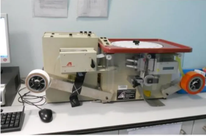 Figura 3 - Máquina Semiautomática de Reembalagem (Auto-Print Unit Dose Systems – MPI) Durante  o  estágio  assisti  à  reembalagem  de  medicamentos  para  ajuste  ao  sistema  DIDDU,  observando  todo  o  processo  de  desblisterização  assim  como  o  fu