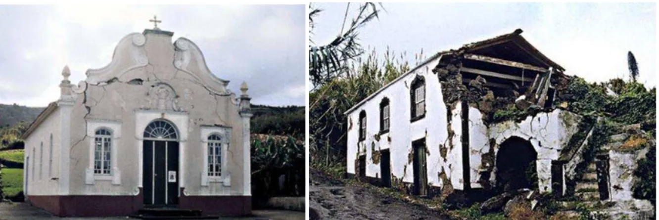 Figura 2.1 – Exemplos de edifícios de alvenaria com danos devidos a sismo   [Fonte: http://www.inventario.iacultura.pt/faial/horta_fichas/] 
