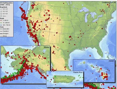 Figura 2.3 – Mapa de sismicidade dos Estados Unidos da América  [Fonte: http://earthquake.usgs.gov/earthquakes/states/seismicity/] 