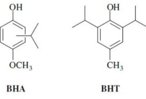 Figura 5: Estrutura dos antioxidantes sintéticos BHA e BHT (adaptado Gülçin ,  2011) 