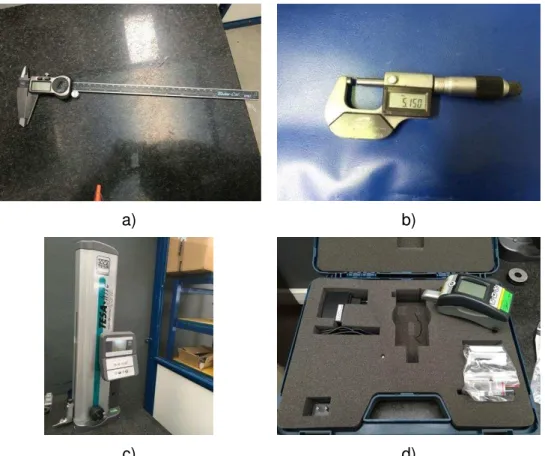 Figura 2.6 - Equipamentos de medição que MNID dispõe para realização das operações de medição: Paquímetro (a),  micrómetro de exteriores (b), coluna de medição (c) e rugosímetro (d)