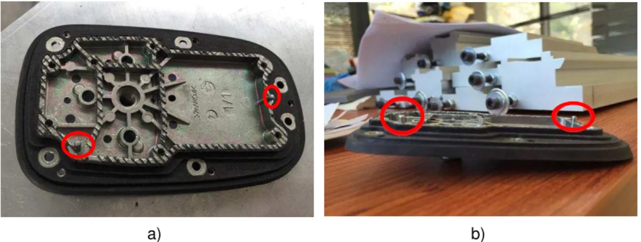 Figura 3.2 - Vista de inferior (a) e vista lateral (b) da base Audi com pinos de encaixe evidenciados