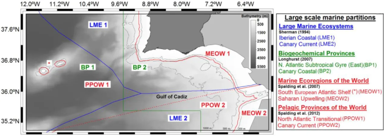 Figure 2.1 - Global ocean surface partitions for the domains off South West Iberian  Peninsula  (NE  Atlantic)  with  overlaid  bathymetry  (General  Bathymetric  Chart  of  the  Oceans,  GEBCO_2014  Grid,  version  20150318,  http://www.gebco.net)