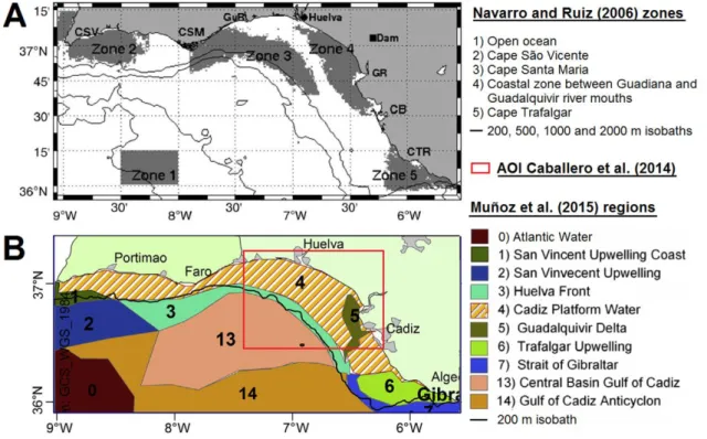 Figure  2.2  -  Representation  of  spatial  functional  units  in  the  Gulf  of  Cadiz  (NE  Atlantic)  associated  to  mesoscale-level  partition  studies,  based  on  spatial  empirical  orthogonal  function  analysis