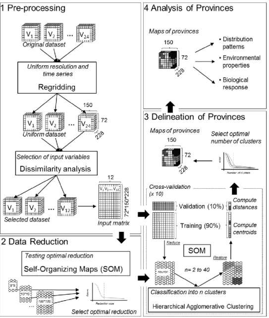 Figure  3.2  -  Flow  diagram  representing  the  four  steps  associated  to  the  delineation  of  environmental provinces in the area off South West Iberian Peninsula: 1 - Data pre-processing; 