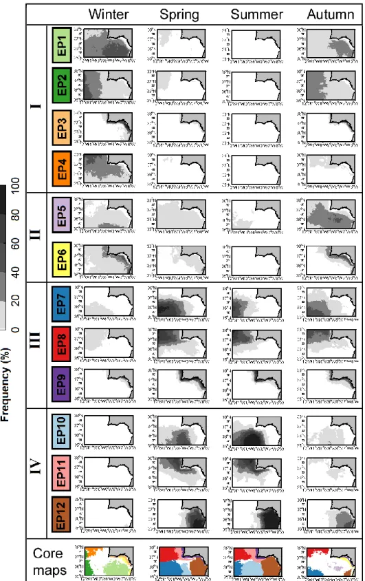 Figure  3.5  -  Seasonal  distribution  of  the  occurrence  (pixel-based  frequency,  as  %)  of  the  12  environmental  provinces  (EPs)  delineated  off  the  South  West  Iberian  Peninsula,  during  the  period February 2002 - December 2011, organize