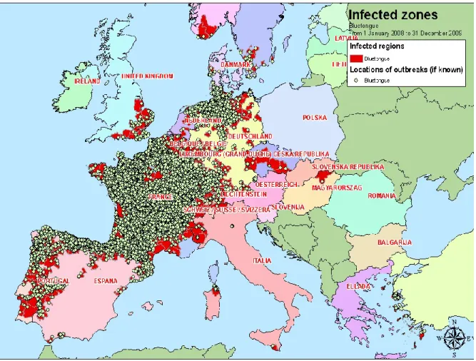Figura 10 - Mapa com localização dos surtos de Língua Azul na Europa entre 1 de Janeiro  de 2008 e 31 de Dezembro de 2009 