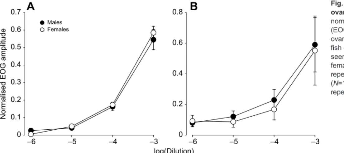 Fig. 7. Olfactory sensitivity to conspecific ovarian fluid. Semi-logarithmic plots of normalised amplitude of electro-olfactogram (EOG) responses to dilutions of one sample of ovarian fluid in juvenile (A) and adult-immature (B) fish of both sexes