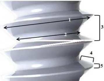 Figura 2 Características da rosca do implante: 1- maior  diâmetro; 2- menor diâmetro; 3- distância entre o passo da 