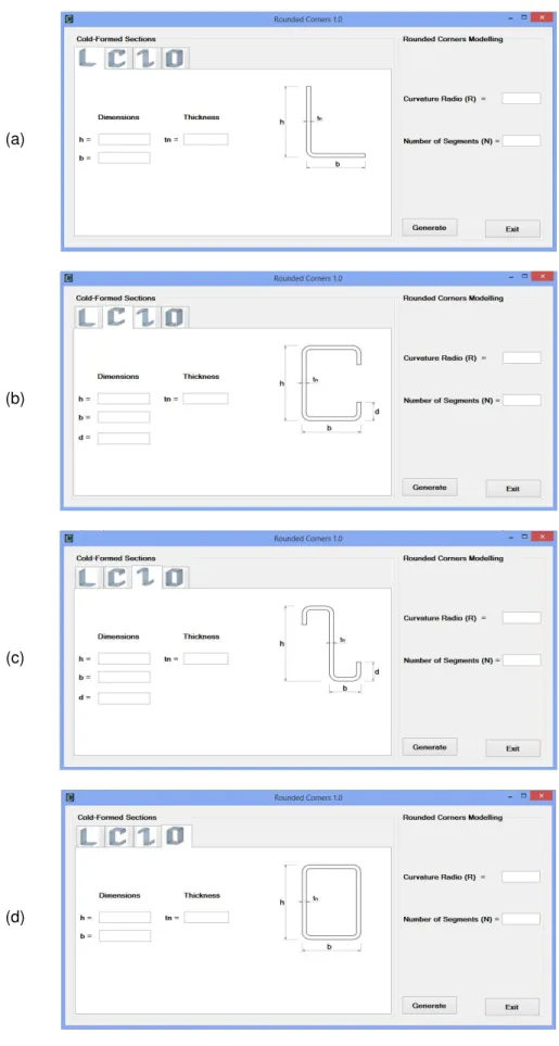 Figura 11 – Os 4 separadores/templates: secções (a) em “L”, (b) em “C”, (c) em “Z” e (iv) em “RHS” 