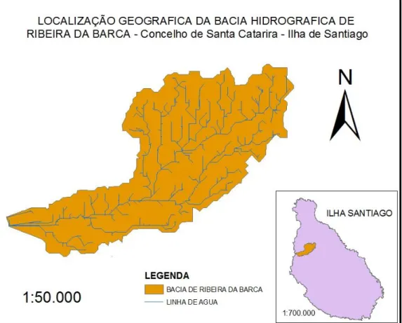 Fig. 9 - Mapa da Bacia da Ribeira da Barca - Ilha de  Santiago definindo as linhas de água 