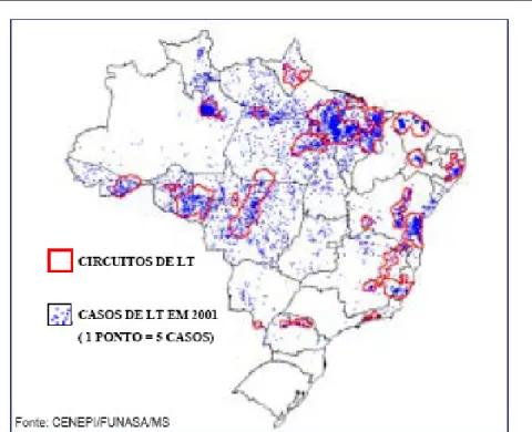 Figura 4. Casos de Leishmaniose Tegumentar por municípios em 2001 e  circuitos de produção de Leishmaniose tegumentar no Brasil de 1998 a 2000