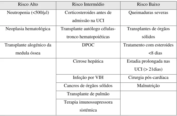 Tabela 6:Fatores de risco em pacientes das UCI (Adaptado de Koulenti, Garnacho-Montero, &amp; Blot, 2014).