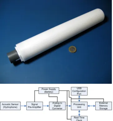 Fig. 1. The Self-Register Hydrophone. Top panel: photograph. Bottom panel: