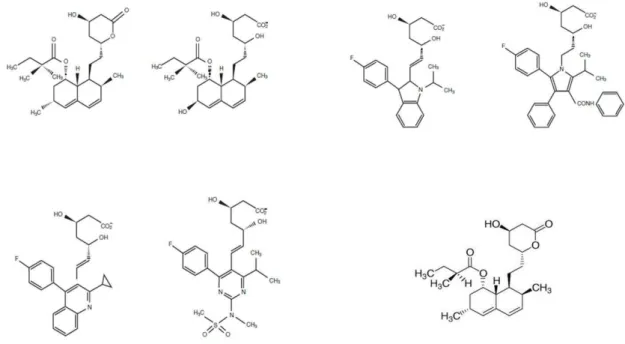 Figura 2. Estruturas moleculares das estatinas no mercado actual  –  Em cima da esquerda para a direita: 
