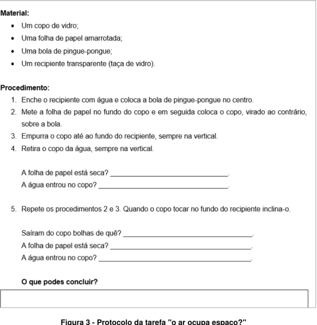 Figura 3 - Protocolo da tarefa "o ar ocupa espaço?" 