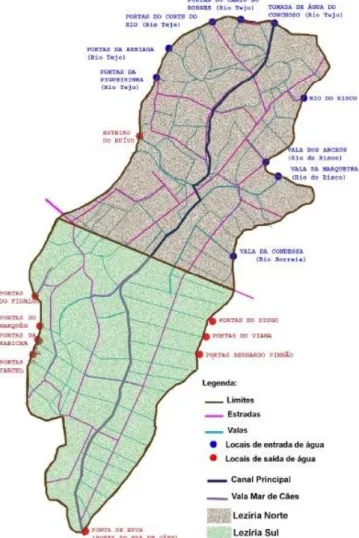 Figura  9  –  Localização  das  entradas  e  saídas  de  água da Lezíria Grande de Vila Franca de Xira (COTR,  2014)