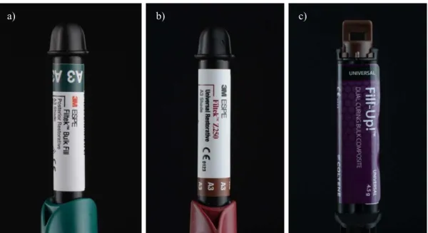 Figura 1 - Resinas compostas: a) Filtek ™  Bulk Fill Posterior Restorative; b) Filtek ™  Z250; c) Fill-Up ™ 