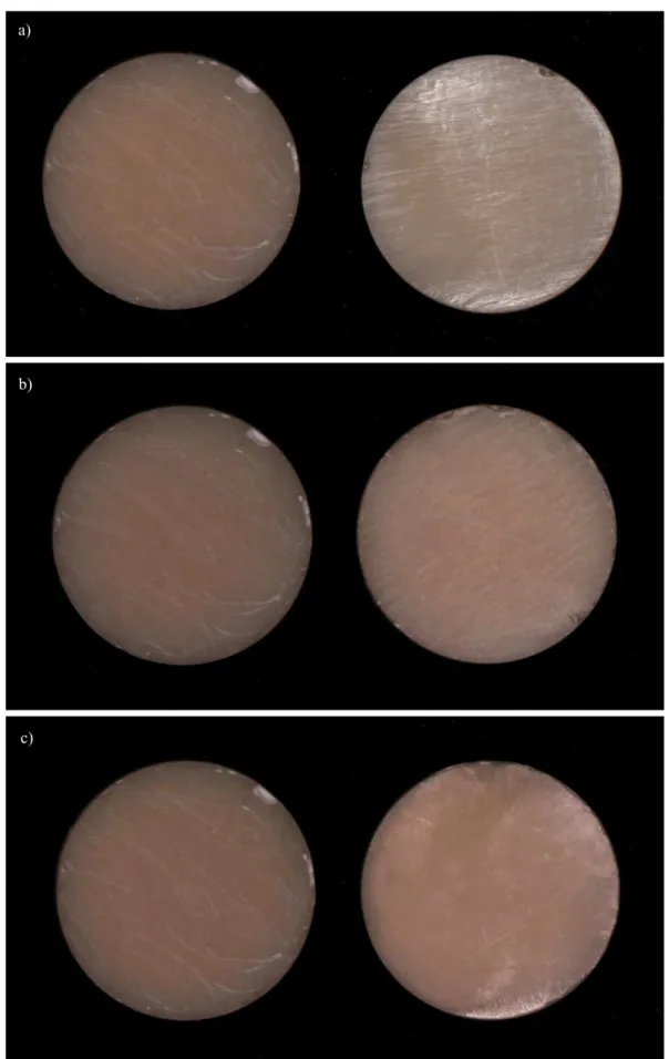 Figura 11 - Resina Fill-Up ™ : a) À esquerda amostra do grupo controlo (Polimento 4), à direita Polimento 1; b) À  esquerda amostra do grupo controlo (Polimento 4), à direita Polimento 2; c) À esquerda amostra do grupo controlo 