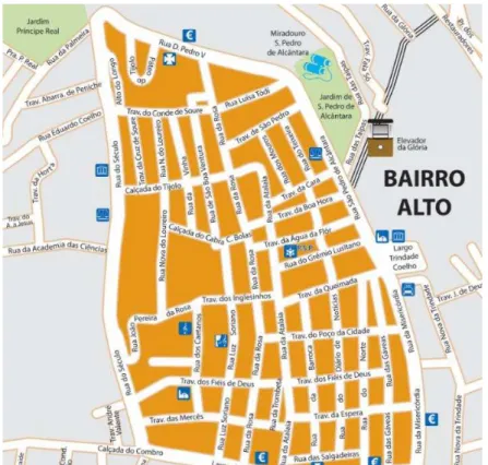 Figura 1 - Mapa do Bairro Alto e respetivos arruamentos. Retirado de Revista da Associação de Comerciantes do  Bairro Alto,  Ano 1, Nº 2, Abr-Jun 2014 (trimestral)