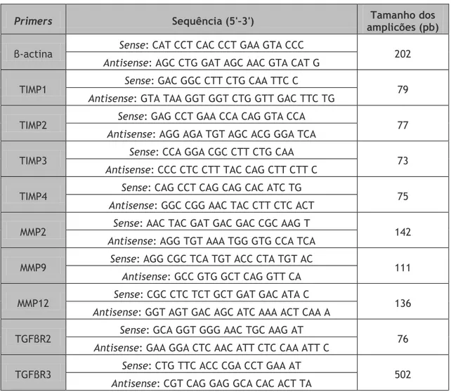 Tabela 2 - Primers usados nas experiências de RT-PCR. 