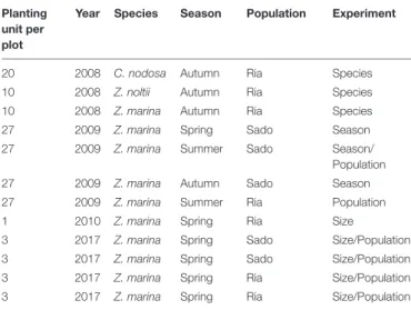 TABLE 1 | Number of planting units per plot (Planting unit per plot), of a given species (Species), in a year (Year) and season (Season), which were collected from a source population (Population): Ria Formosa (Ria) or Sado estuary (Sado).