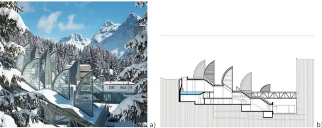 Figura 2.17 – Wellness Center “Tschuggen Bergoase”em Aroza, Suíça: a)Vista exterior, b)Corte do  edifício (Botta, 2003-2006)