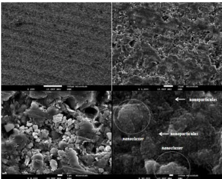 Figura 5 - Microscopia electrónica de varrimento da superfície de um  palito de Lava™ Ultimate com diferentes ampliações (200X, 1000X, 
