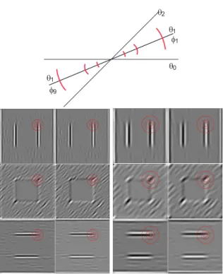 Figure 2: Top: a few orientations of simple cells ( θ ) and opposing orientations for keypoint classification (φ) plus, in red, orientation intervals covered by grouping cells