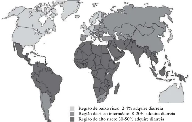 Figura 3  –  Mapa mundo representativo das regiões de risco de diarreia (adaptado de: Dupont, 2005) 