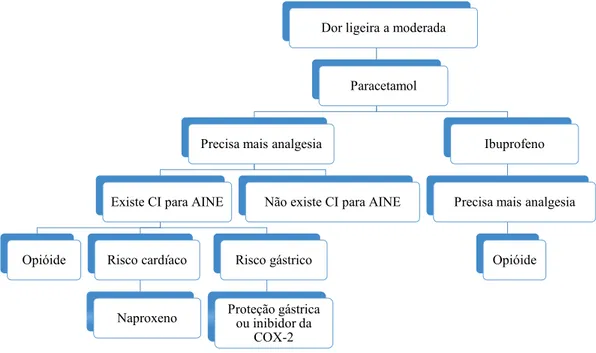 Figura  7  -  Algoritmo  para  a  prescrição  de  anestésicos  e  anti-inflamatórios  não-esteroides  (adaptado  de  DGS, 2011) Dor aguda (pulpite/acessopriapical/pericoronarite) leve a moderada Paracetamol